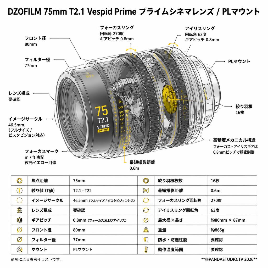 DZOFILM 75mm T2.1 Vespid Prime プライムシネマレンズ /  PLマウント スペック