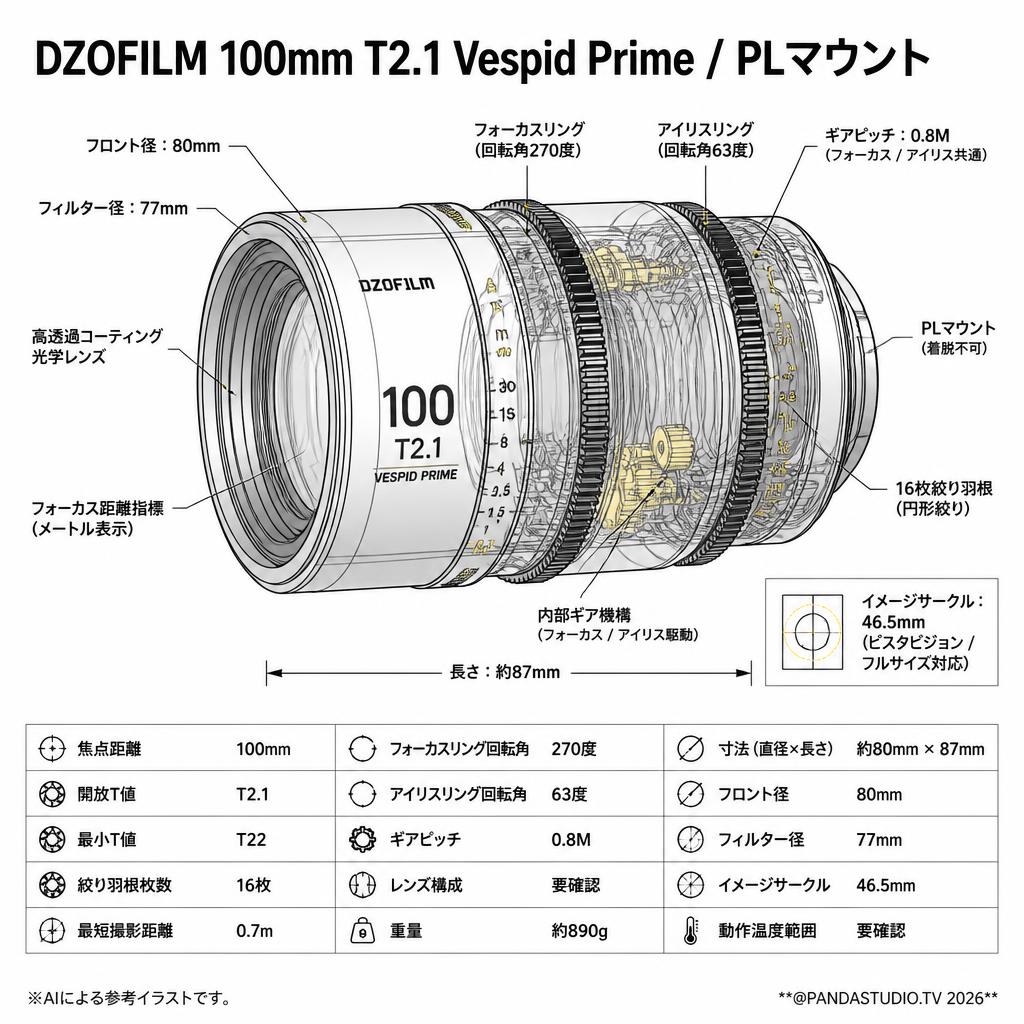 DZOFILM 100mm T2.1 Vespid Prime / PLマウント スペック