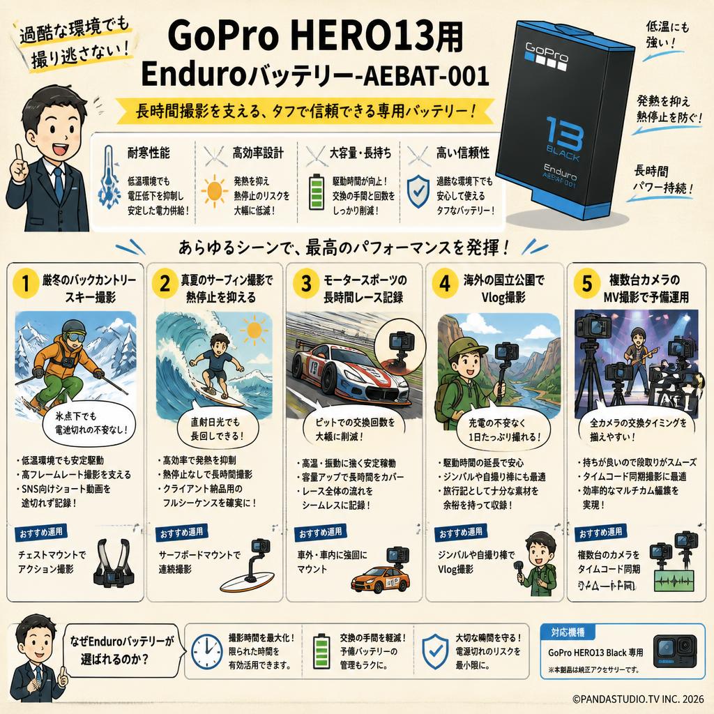 GoPro HERO13用 EnduroバッテリーAEBAT-001 用途