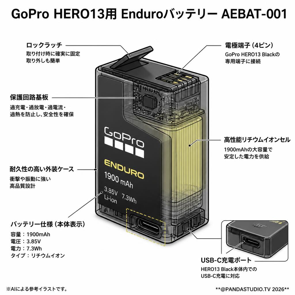 GoPro HERO13用 EnduroバッテリーAEBAT-001 スペック
