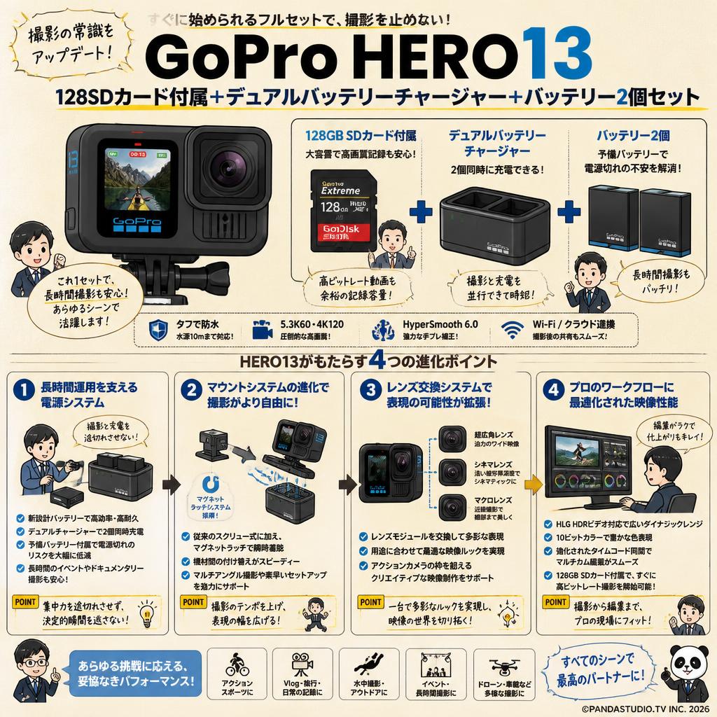 GoPro HERO13 128SDカード付属＋デュアルバッテリーチャージャー＋バッテリー2個セット 概要