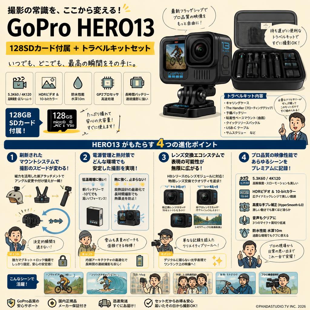 GoPro HERO13 128SDカード付属 ＋トラベルキットセット 概要