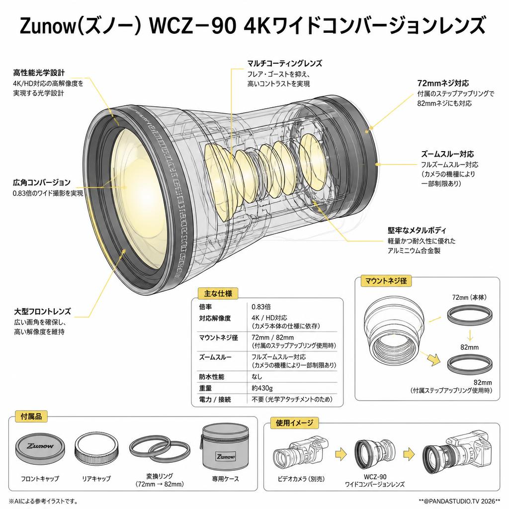 Zunow(ズノ―) WCZ－90 4Kワイドコンバージョンレンズ スペック