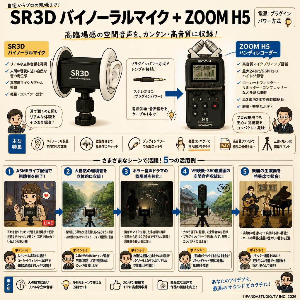 SR3D バイノーラルマイク ASMRマイク（電源：プラグインパワー方式）+ZOOM H5 用途