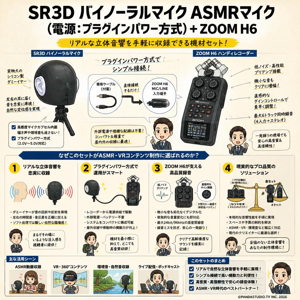 SR3D バイノーラルマイク ASMRマイク（電源：プラグインパワー方式）+ZOOM H6 概要