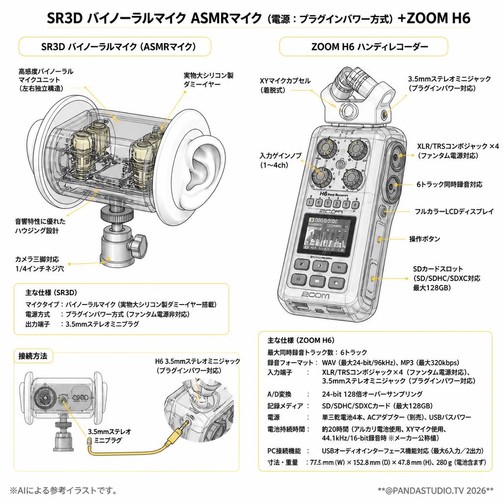 SR3D バイノーラルマイク ASMRマイク（電源：プラグインパワー方式）+ZOOM H6 スペック
