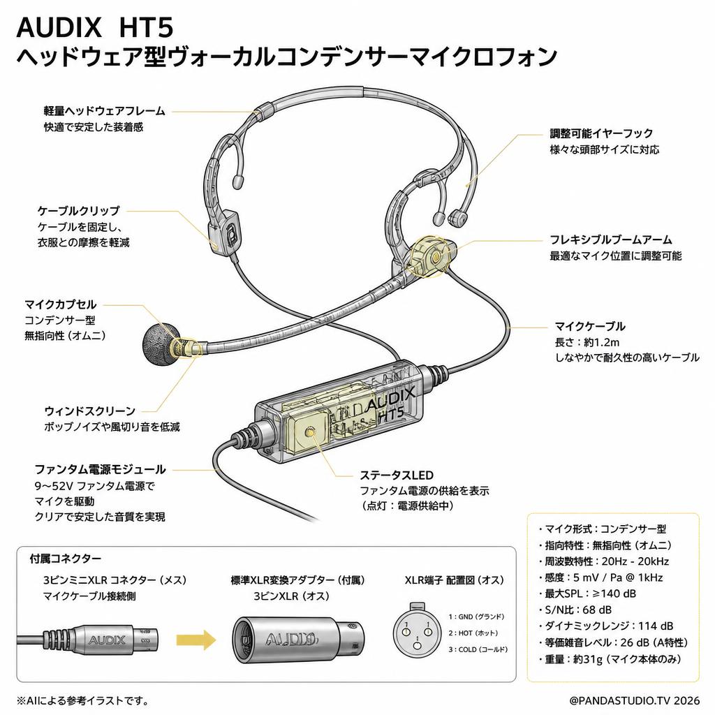 AUDIX  HT5　ヘッドウェア型ヴォーカルコンデンサーマイクロフォン スペック