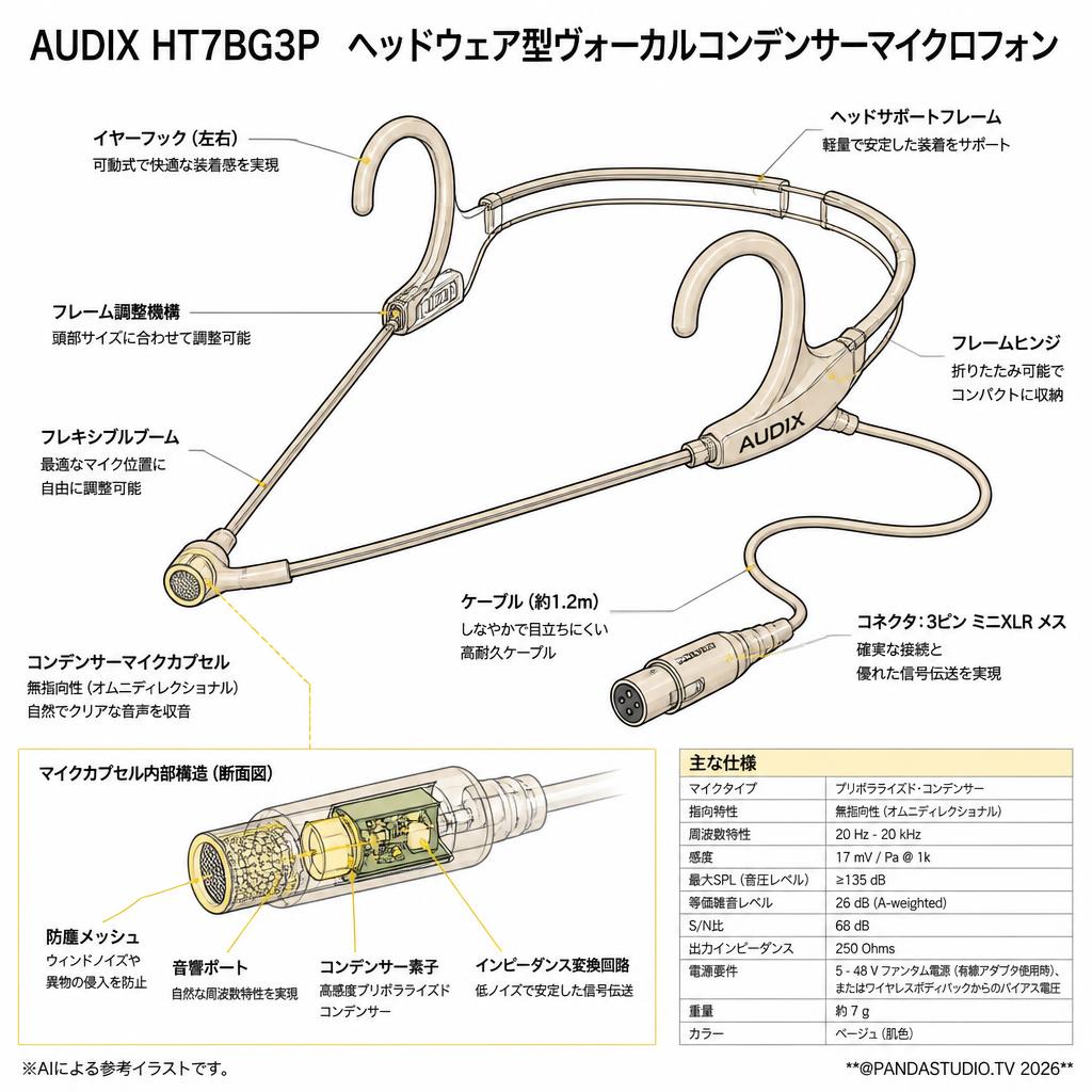AUDIX  HT7BG3P　ヘッドウェア型ヴォーカルコンデンサーマイクロフォン スペック