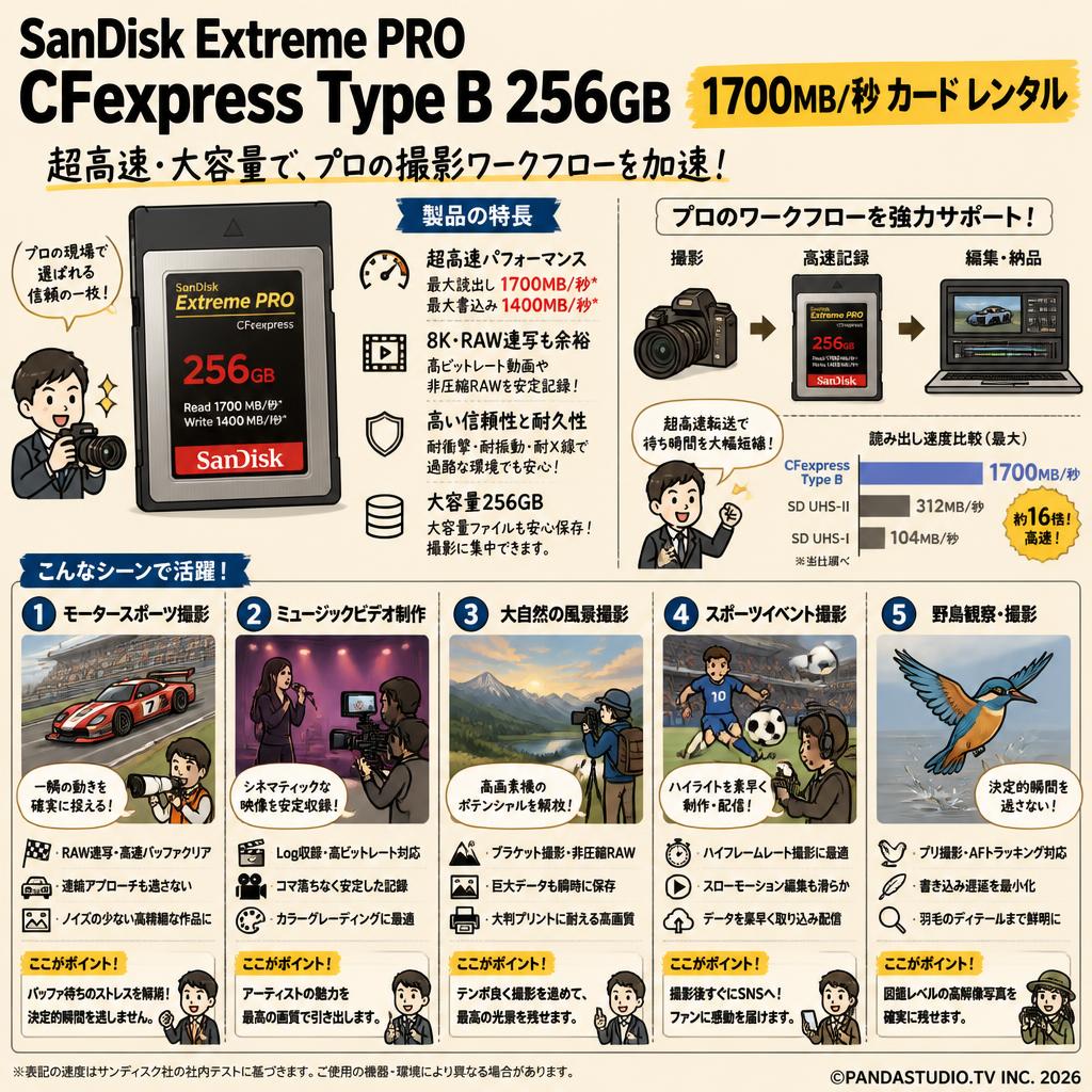 SanDisk Extreme PRO CFexpress Type B 256GB 1700MB/秒 カード レンタル 用途