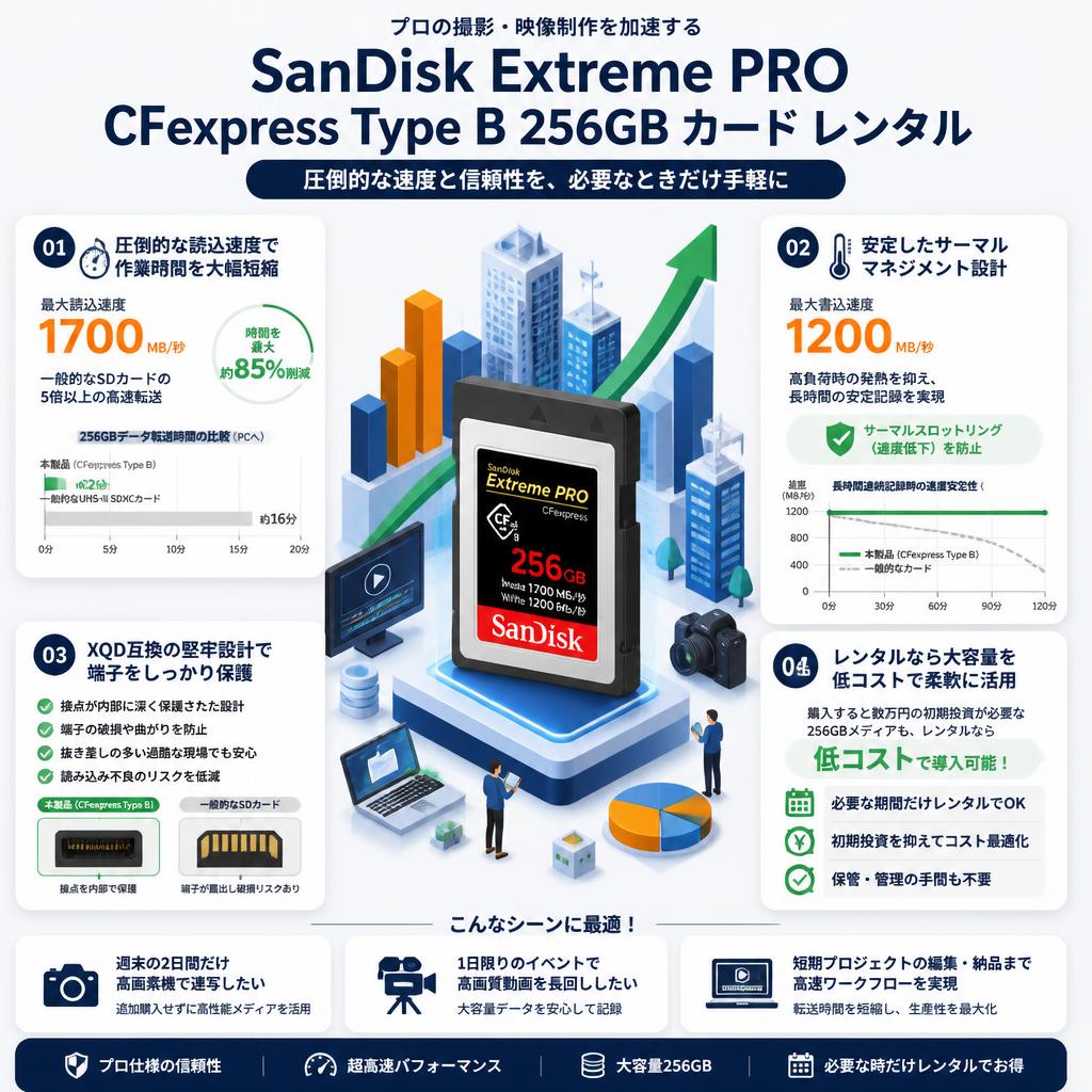 SanDisk Extreme PRO CFexpress Type B 256GB 1700MB/秒 カード レンタル セールスポイント
