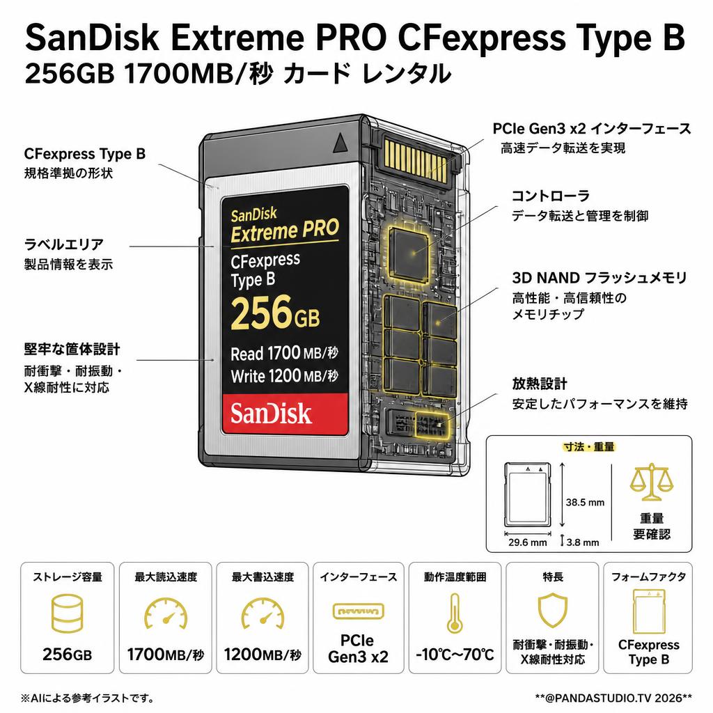 SanDisk Extreme PRO CFexpress Type B 256GB 1700MB/秒 カード レンタル スペック