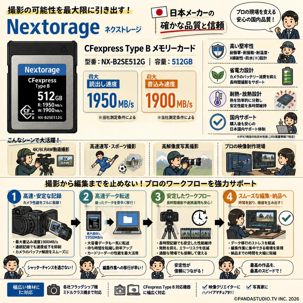 Nextorage 日本メーカー CFexpress TypeB 512GB 最大読出し速度1950MB/s 最大書込み速度1900MB/s NX-B2SE512G ネクストレージ メモリーカード 概要