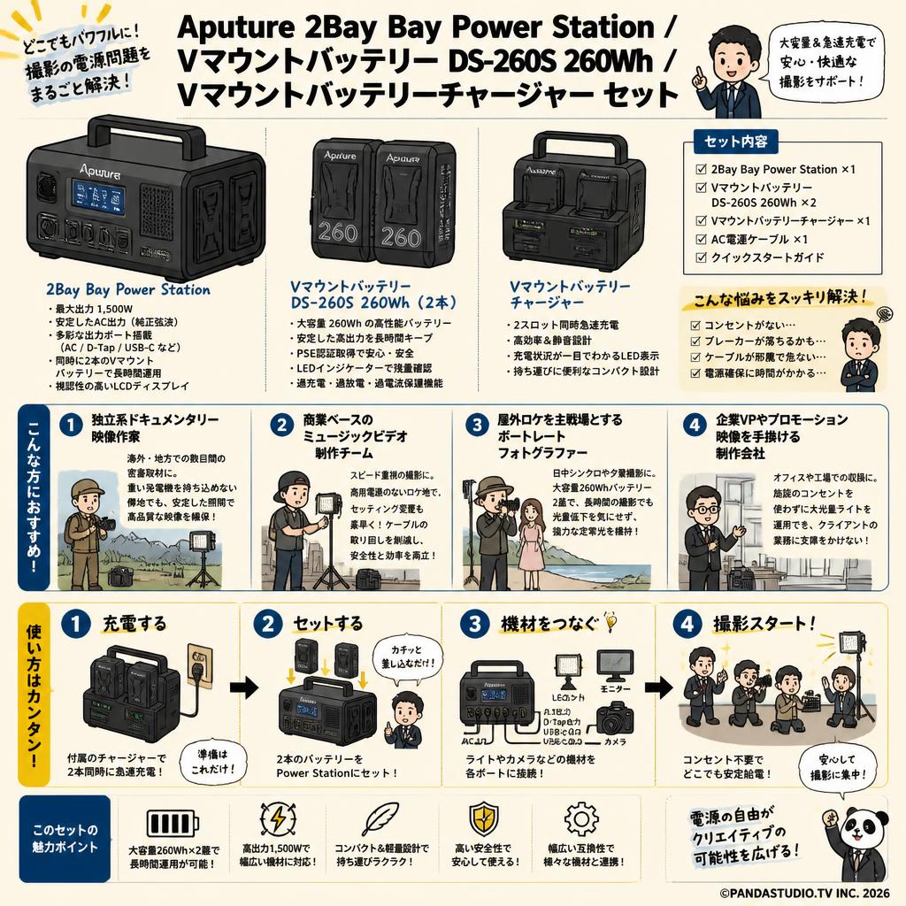 Aputure 2Bay Bay Power Station / Vマウントバッテリー DS-260S 260Wh / Vマウントバッテリーチャージャー セット おもな対象のお客様