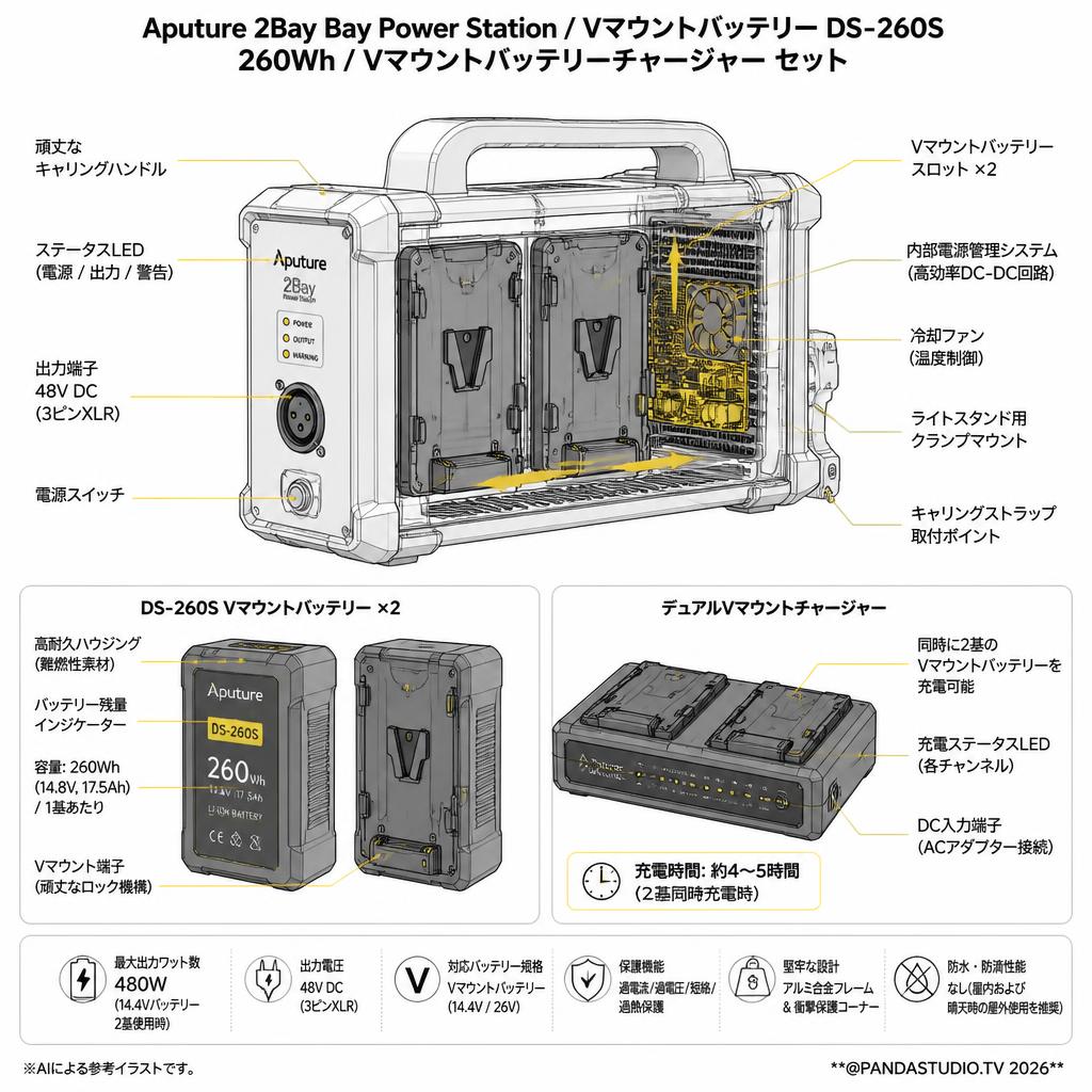 Aputure 2Bay Bay Power Station / Vマウントバッテリー DS-260S 260Wh / Vマウントバッテリーチャージャー セット スペック
