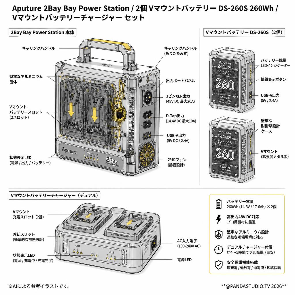Aputure 2Bay Bay Power Station / 2個 Vマウントバッテリー DS-260S 260Wh / Vマウントバッテリーチャージャー セット スペック