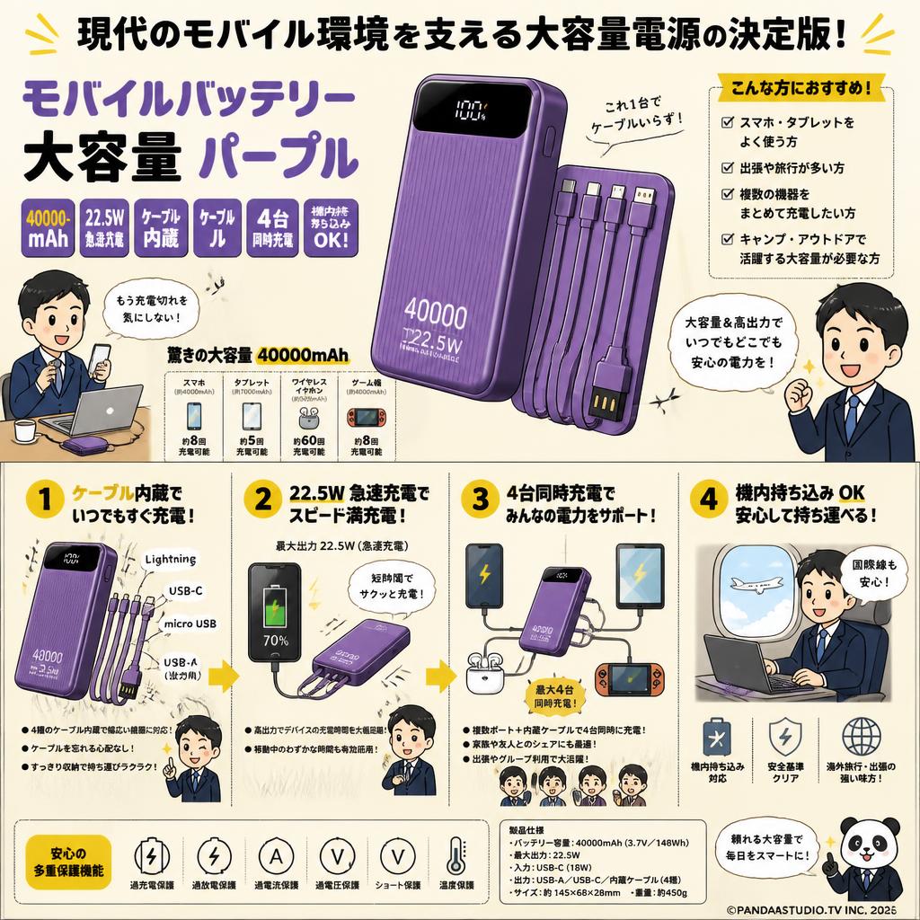 モバイルバッテリー 大容量 パープル【40000mAh 22.5W 急速充電 ケーブル内蔵４台同時充電 機内持ち込み】 概要