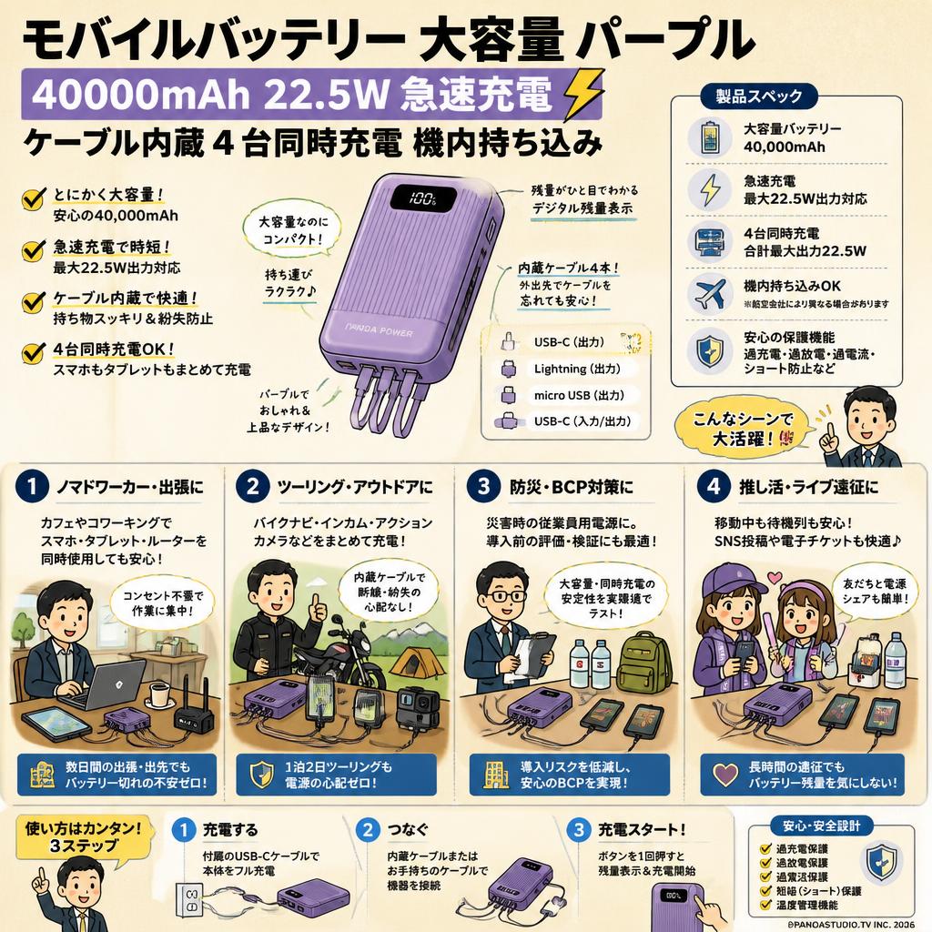 モバイルバッテリー 大容量 パープル【40000mAh 22.5W 急速充電 ケーブル内蔵４台同時充電 機内持ち込み】 おもな対象のお客様