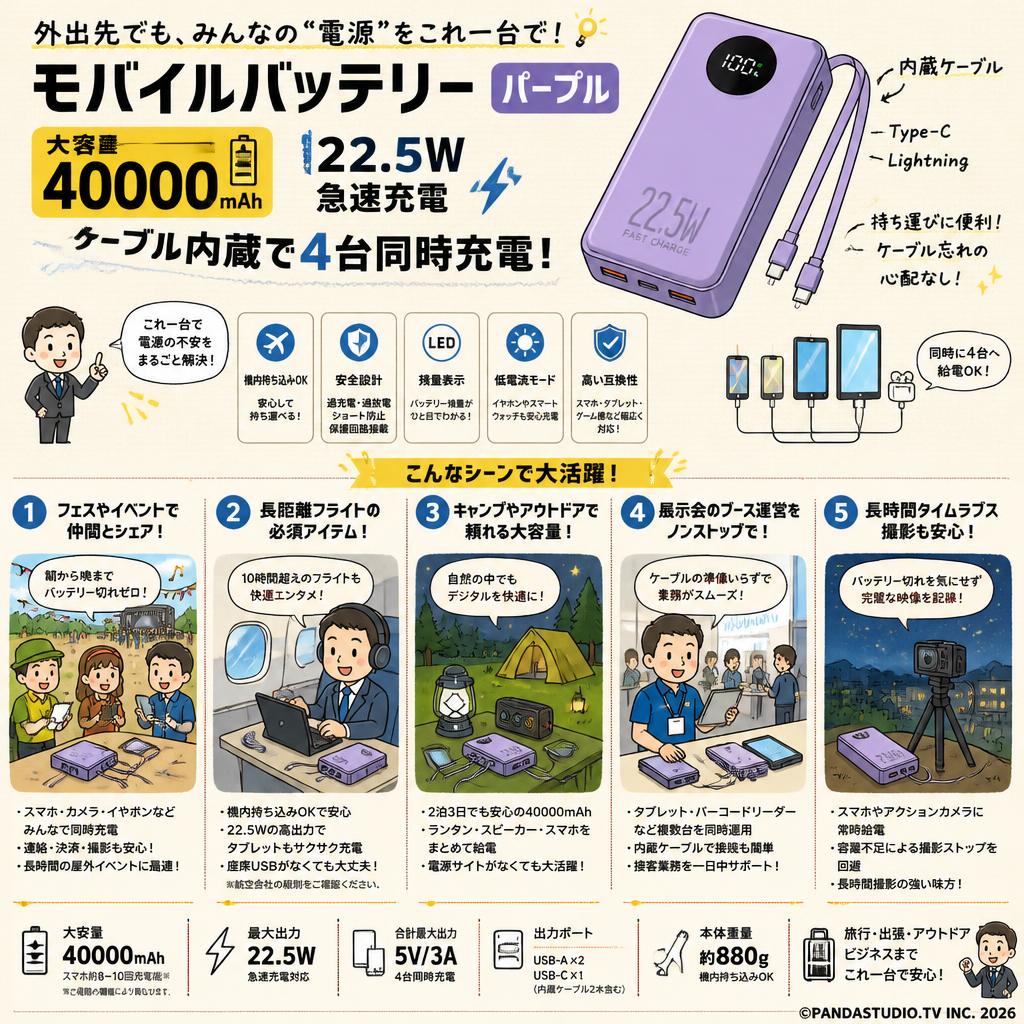 モバイルバッテリー 大容量 パープル【40000mAh 22.5W 急速充電 ケーブル内蔵４台同時充電 機内持ち込み】 用途