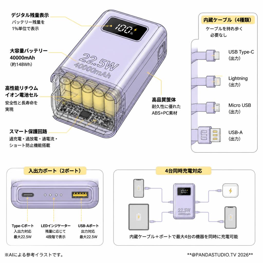モバイルバッテリー 大容量 パープル【40000mAh 22.5W 急速充電 ケーブル内蔵４台同時充電 機内持ち込み】 スペック