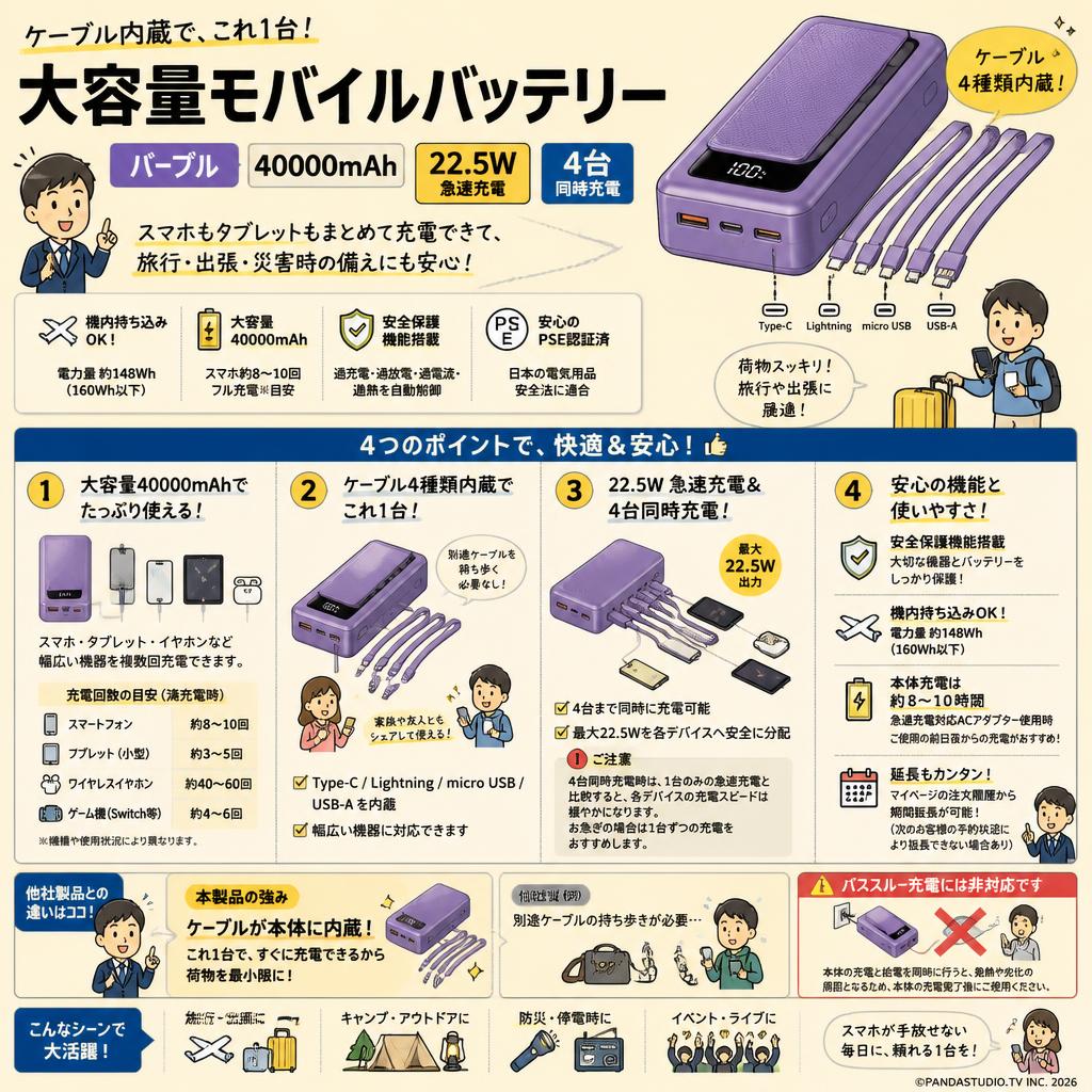 モバイルバッテリー 大容量 パープル【40000mAh 22.5W 急速充電 ケーブル内蔵４台同時充電 機内持ち込み】 FAQ（よくある質問と答え）