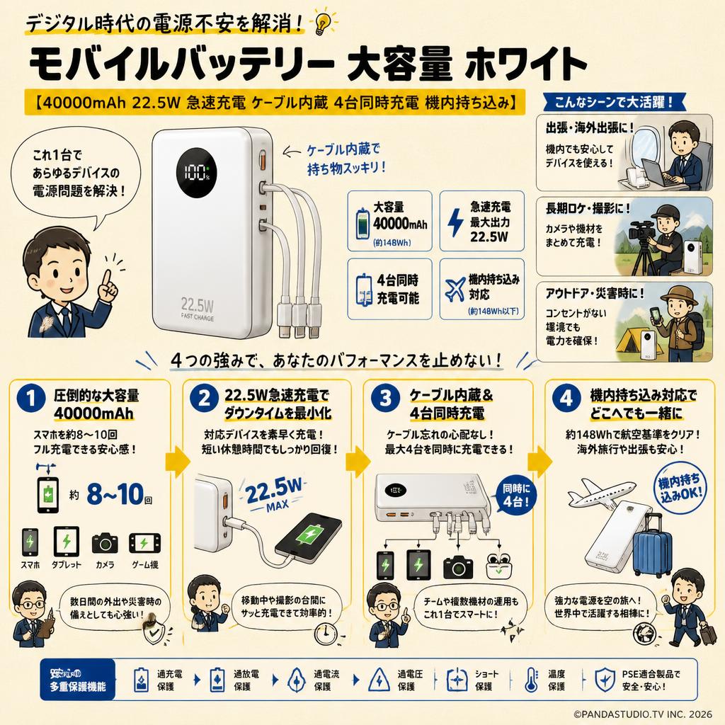 モバイルバッテリー 大容量 ホワイト【40000mAh 22.5W 急速充電 ケーブル内蔵４台同時充電 機内持ち込み】 概要