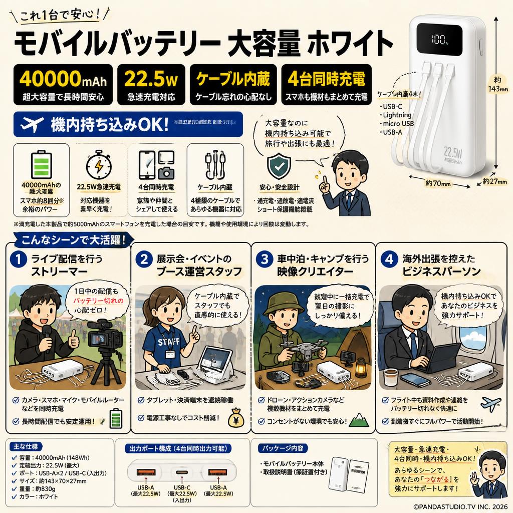 モバイルバッテリー 大容量 ホワイト【40000mAh 22.5W 急速充電 ケーブル内蔵４台同時充電 機内持ち込み】 おもな対象のお客様