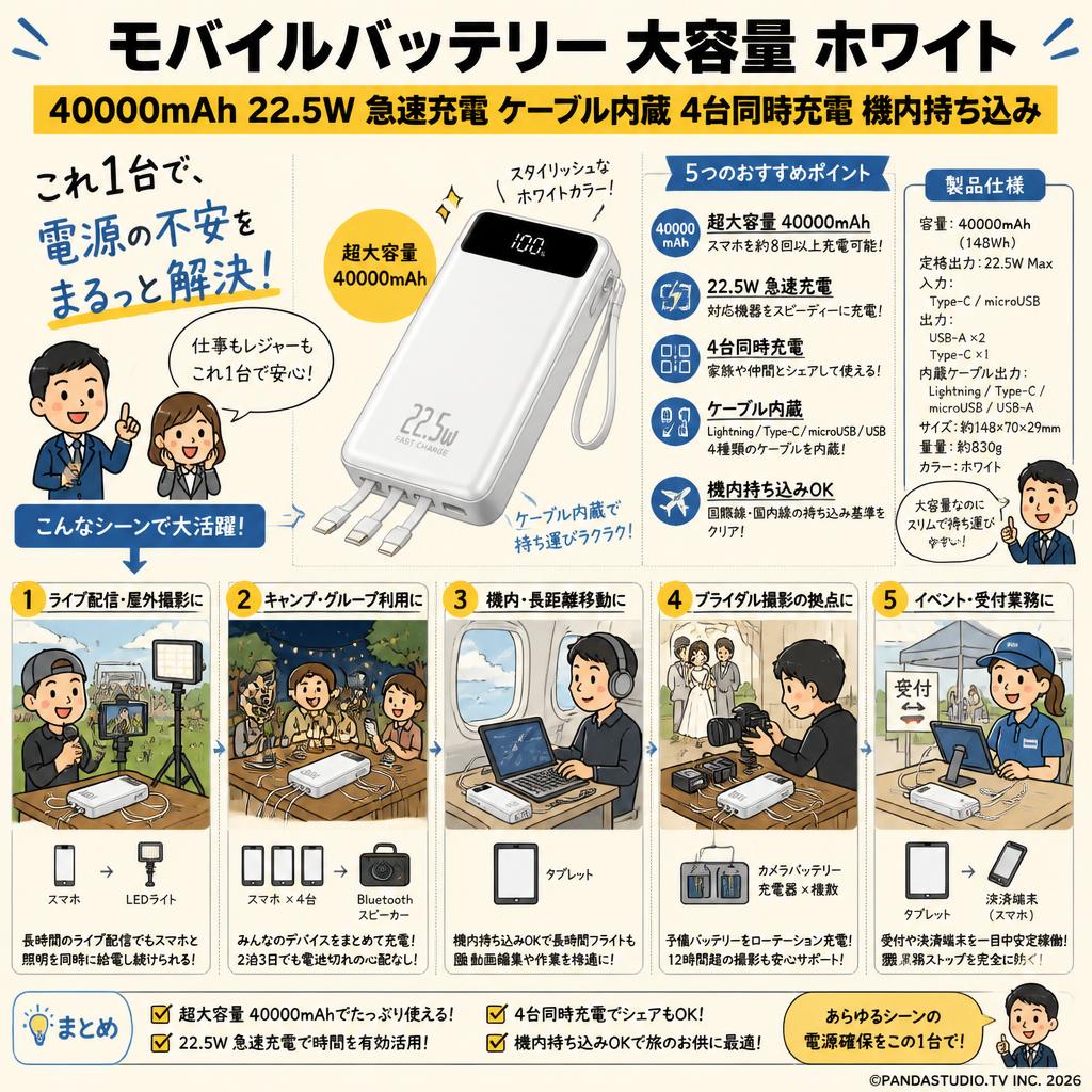 モバイルバッテリー 大容量 ホワイト【40000mAh 22.5W 急速充電 ケーブル内蔵４台同時充電 機内持ち込み】 用途