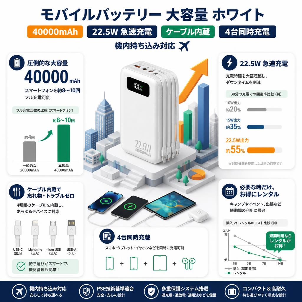 モバイルバッテリー 大容量 ホワイト【40000mAh 22.5W 急速充電 ケーブル内蔵４台同時充電 機内持ち込み】 セールスポイント