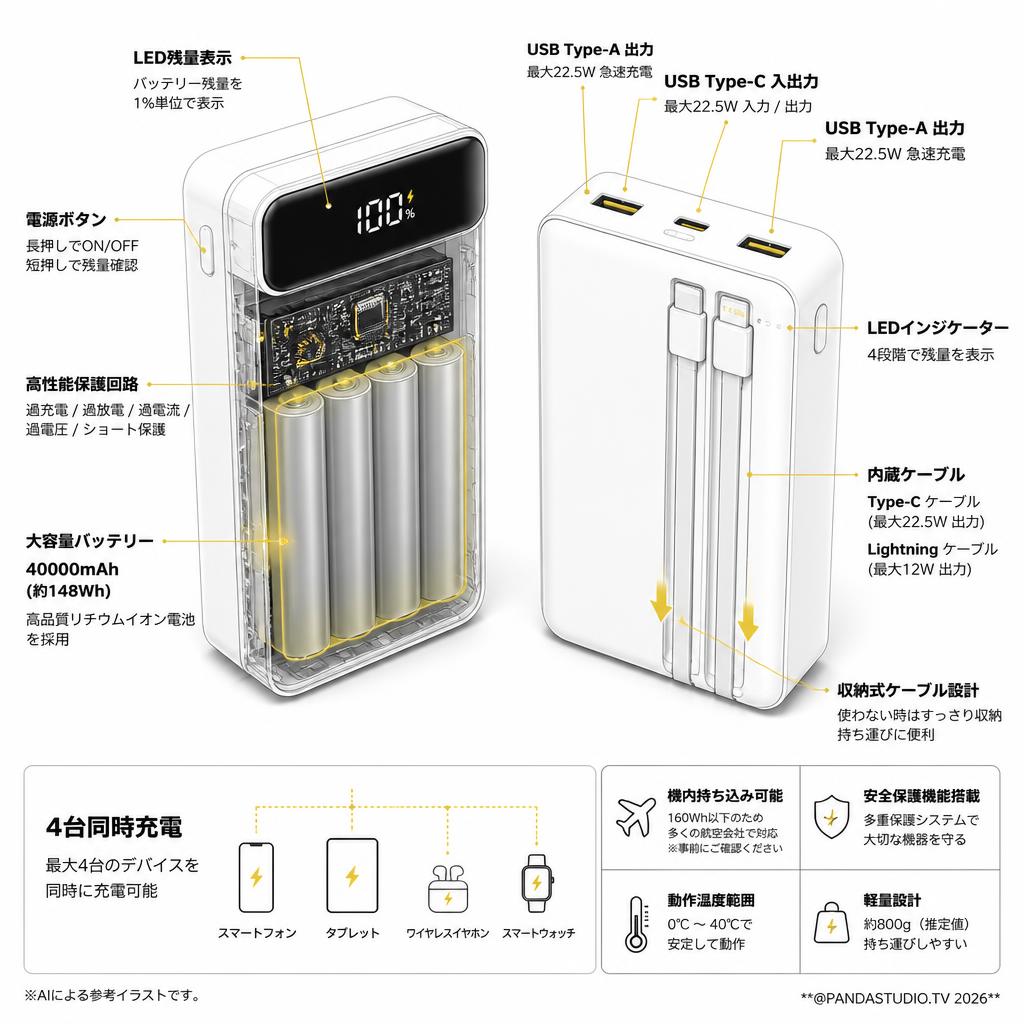 モバイルバッテリー 大容量 ホワイト【40000mAh 22.5W 急速充電 ケーブル内蔵４台同時充電 機内持ち込み】 スペック