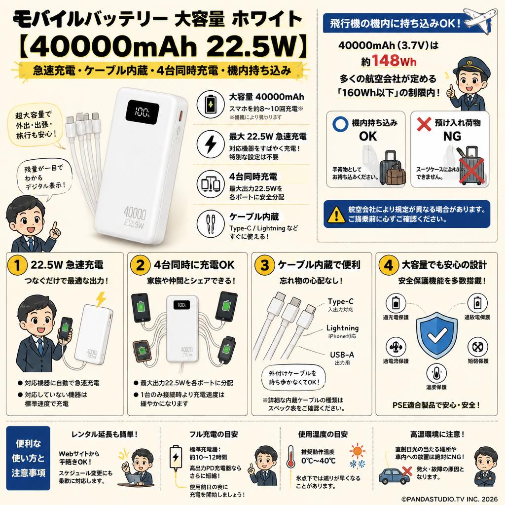 モバイルバッテリー 大容量 ホワイト【40000mAh 22.5W 急速充電 ケーブル内蔵４台同時充電 機内持ち込み】 FAQ（よくある質問と答え）