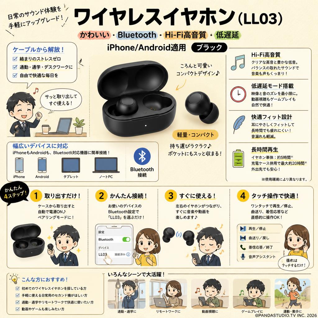 ワイヤレスイヤホン かわいい Bluetooth イヤホン Hi-Fi高音質 低遅延 iPhone/Android適用ブラック イヤホン（LL03） 概要