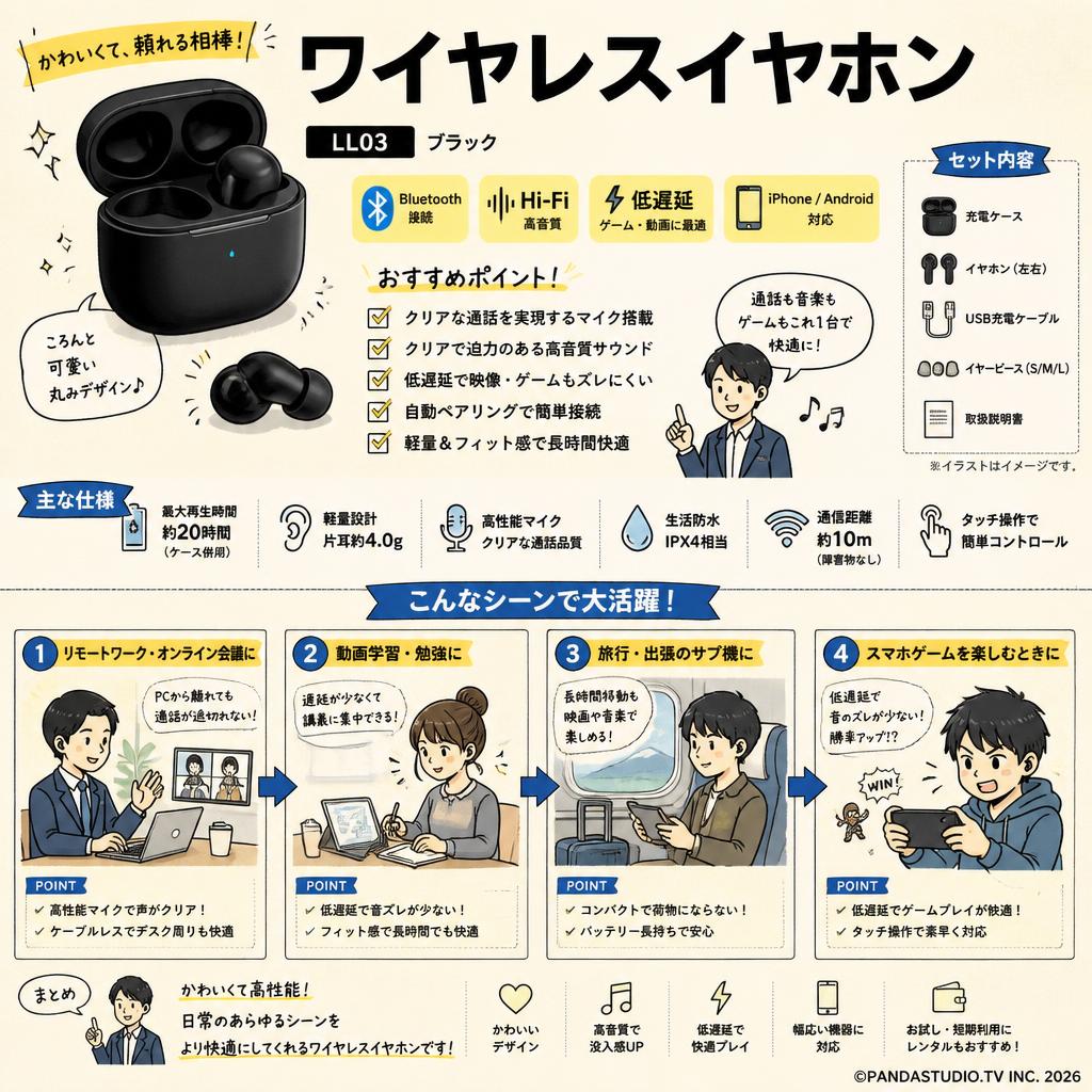 ワイヤレスイヤホン かわいい Bluetooth イヤホン Hi-Fi高音質 低遅延 iPhone/Android適用ブラック イヤホン（LL03） おもな対象のお客様