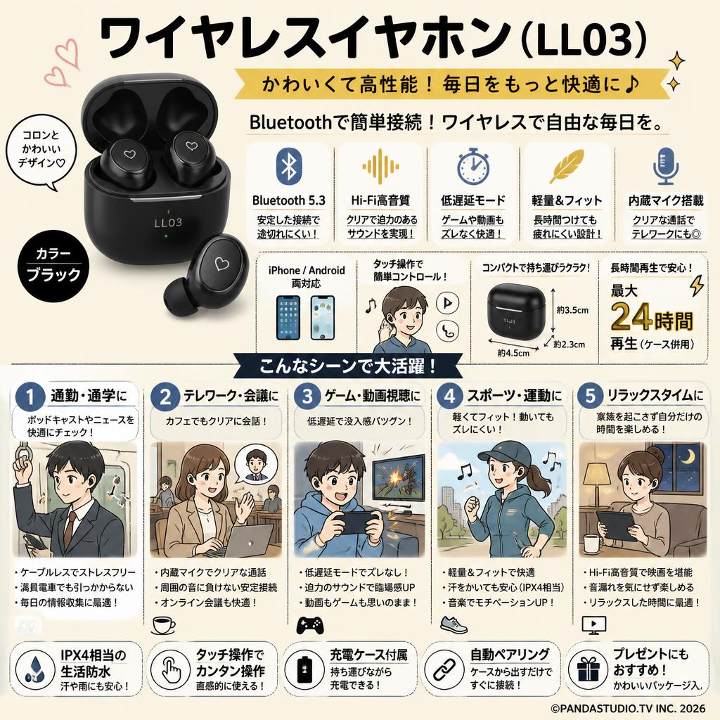 ワイヤレスイヤホン かわいい Bluetooth イヤホン Hi-Fi高音質 低遅延 iPhone/Android適用ブラック イヤホン（LL03） 用途