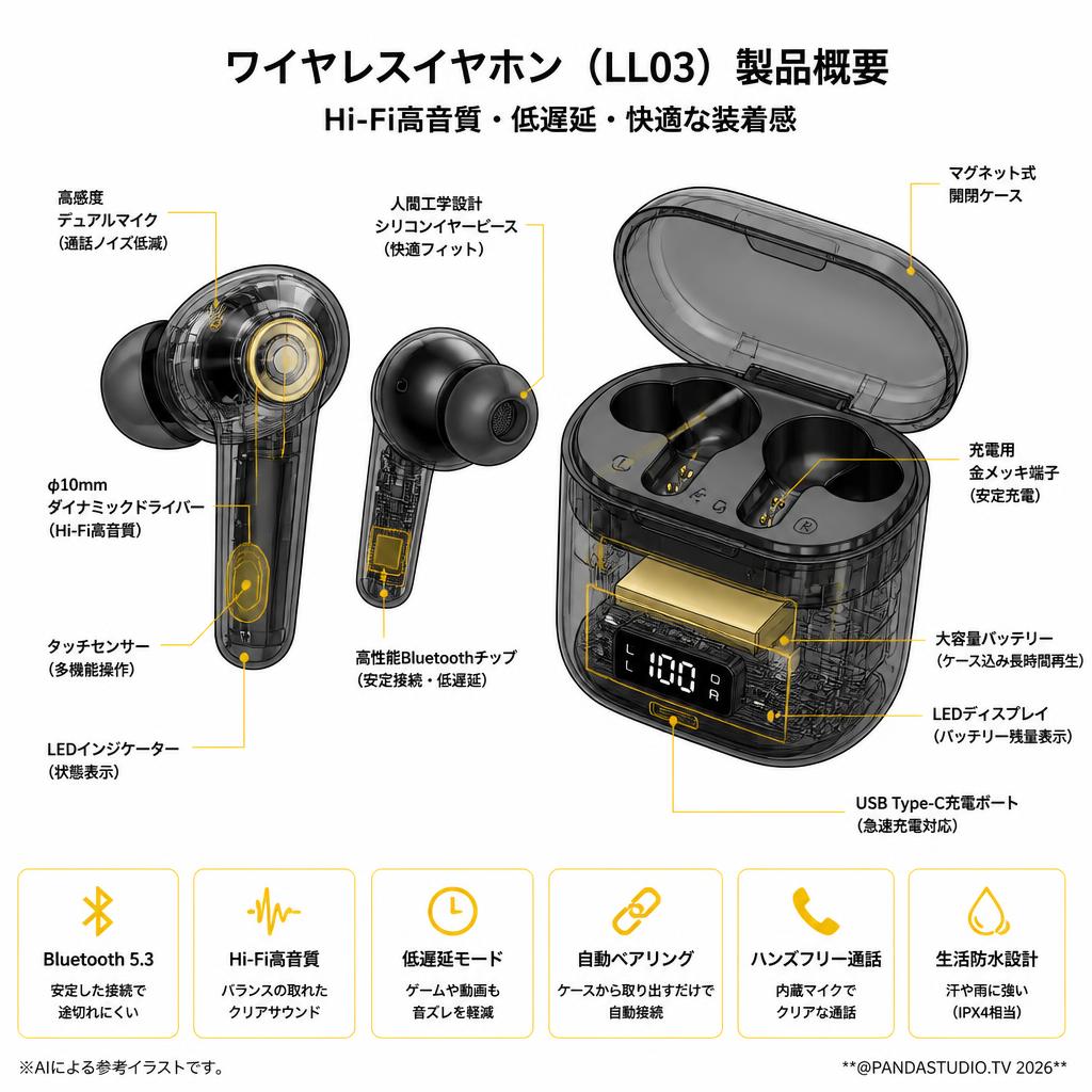 ワイヤレスイヤホン かわいい Bluetooth イヤホン Hi-Fi高音質 低遅延 iPhone/Android適用ブラック イヤホン（LL03） スペック