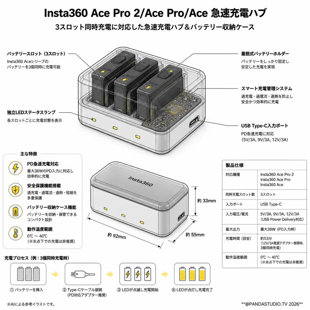 Insta360 Ace Pro 2/Ace Pro/Ace急速充電ハブ スペック