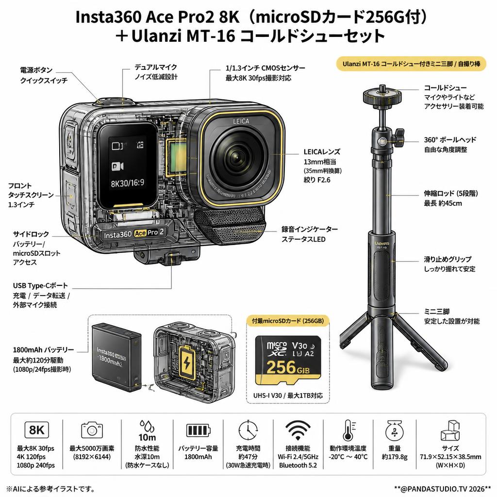 Insta360 Ace Pro2 8K （microSDカード256G付）＋Ulanzi MT-16 コールドシューセット スペック