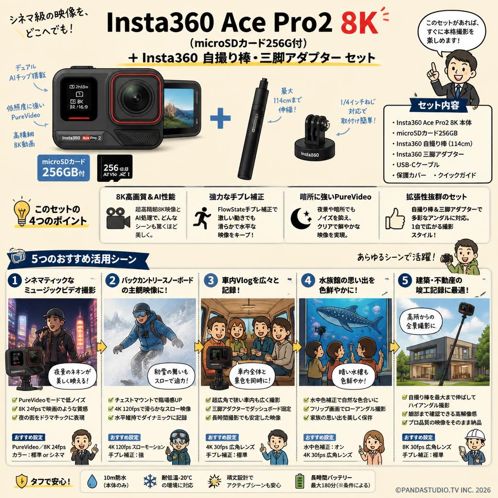 Insta360 Ace Pro2 8K（microSDカード256G付）＋Insta360 自撮り棒・三脚アダプター セット 用途