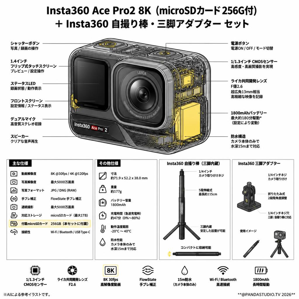 Insta360 Ace Pro2 8K（microSDカード256G付）＋Insta360 自撮り棒・三脚アダプター セット スペック