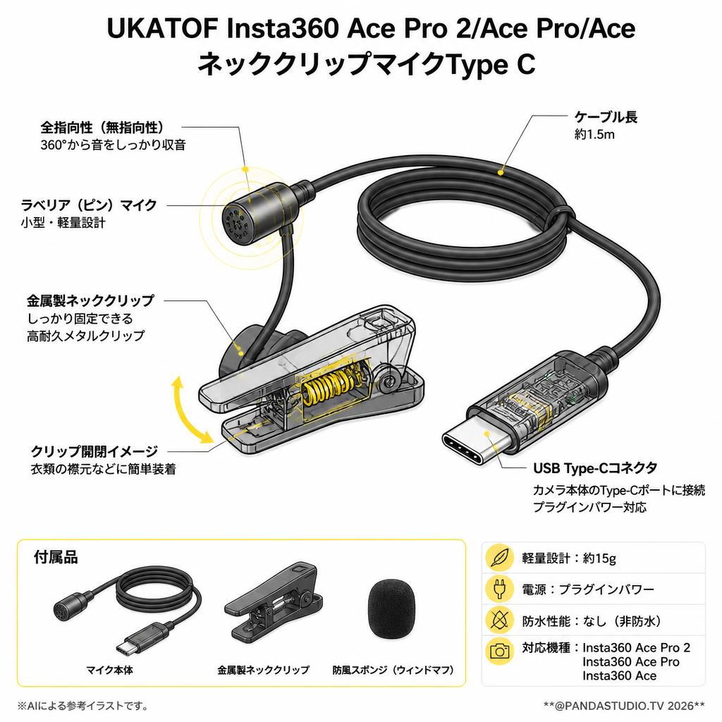 UKATOF Insta360 Ace Pro 2/Ace Pro/Ace ネッククリップマイクType C スペック
