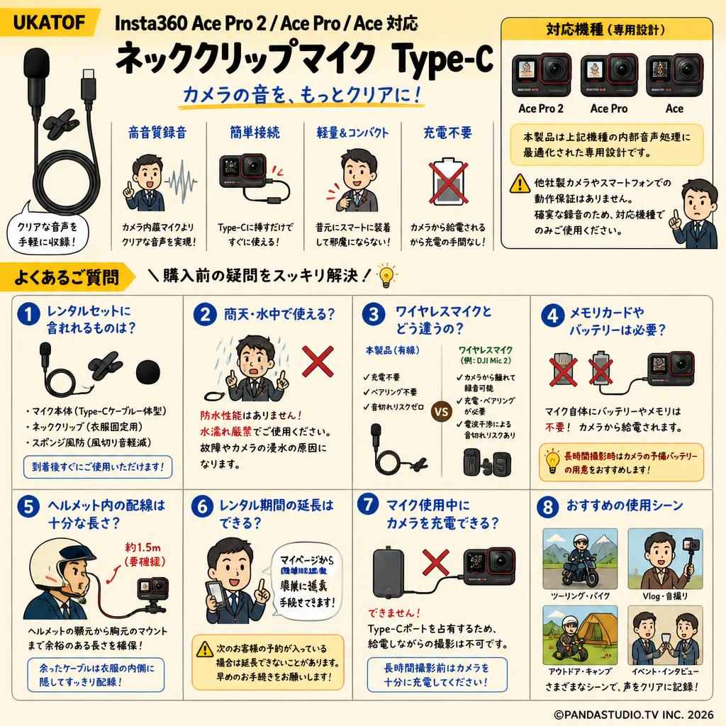 UKATOF Insta360 Ace Pro 2/Ace Pro/Ace ネッククリップマイクType C FAQ（よくある質問と答え）