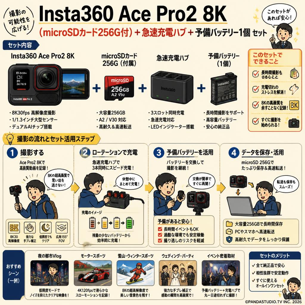 Insta360 Ace Pro2 8k（microSDカード256G付）＋急速充電ハブ＋予備バッテリー1個 セット 用途