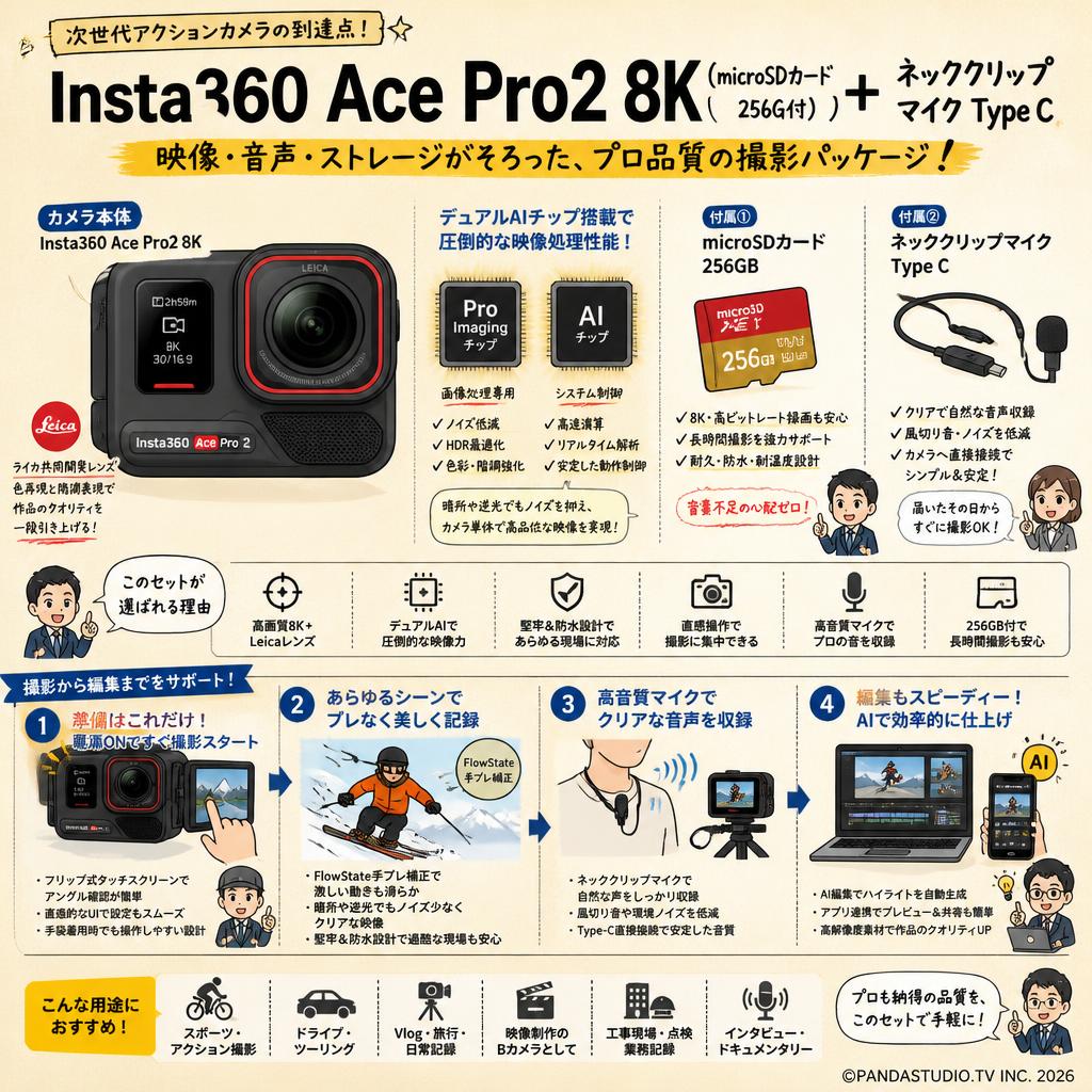 Insta360 Ace Pro2 8k（microSDカード256G付）＋ ネッククリップマイク Type C 概要