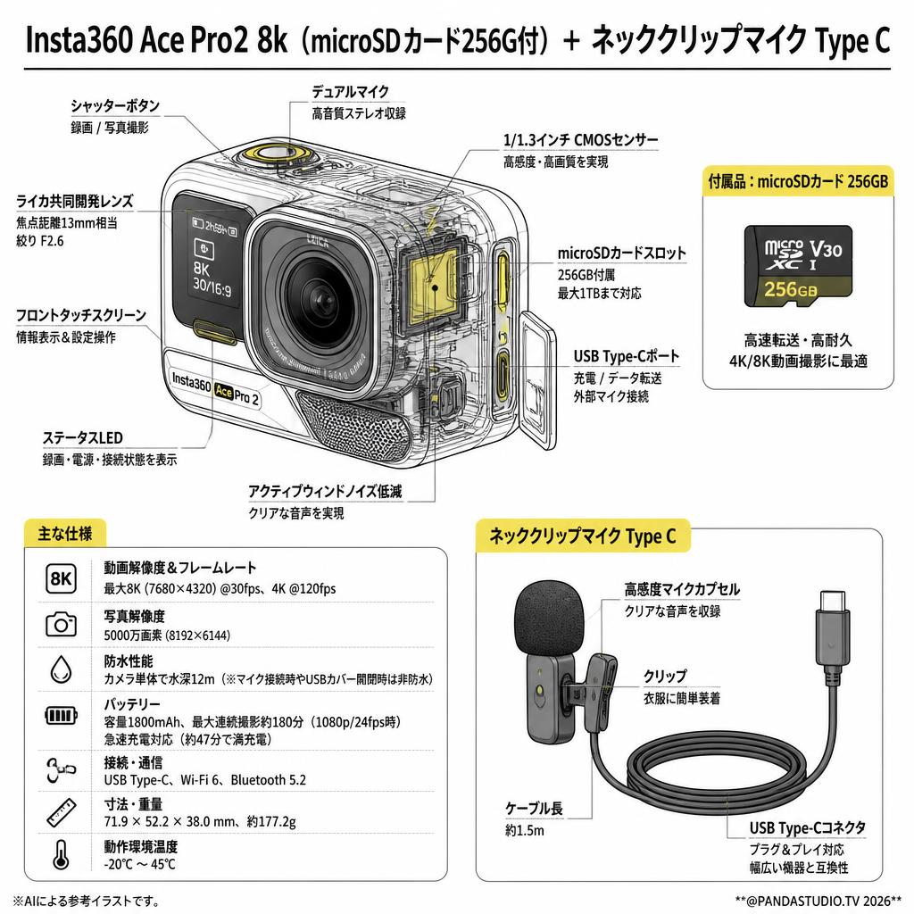 Insta360 Ace Pro2 8k（microSDカード256G付）＋ ネッククリップマイク Type C スペック
