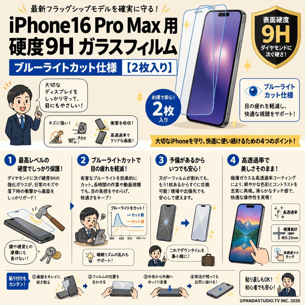 iPhone16 Pro Max 用 硬度9H ガラスフィルム ブルーライトカット仕様【【2枚入り】 概要