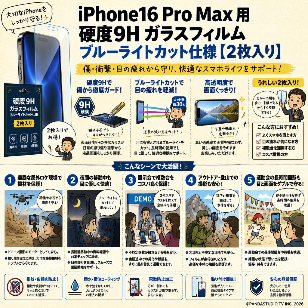 iPhone16 Pro Max 用 硬度9H ガラスフィルム ブルーライトカット仕様【【2枚入り】 用途