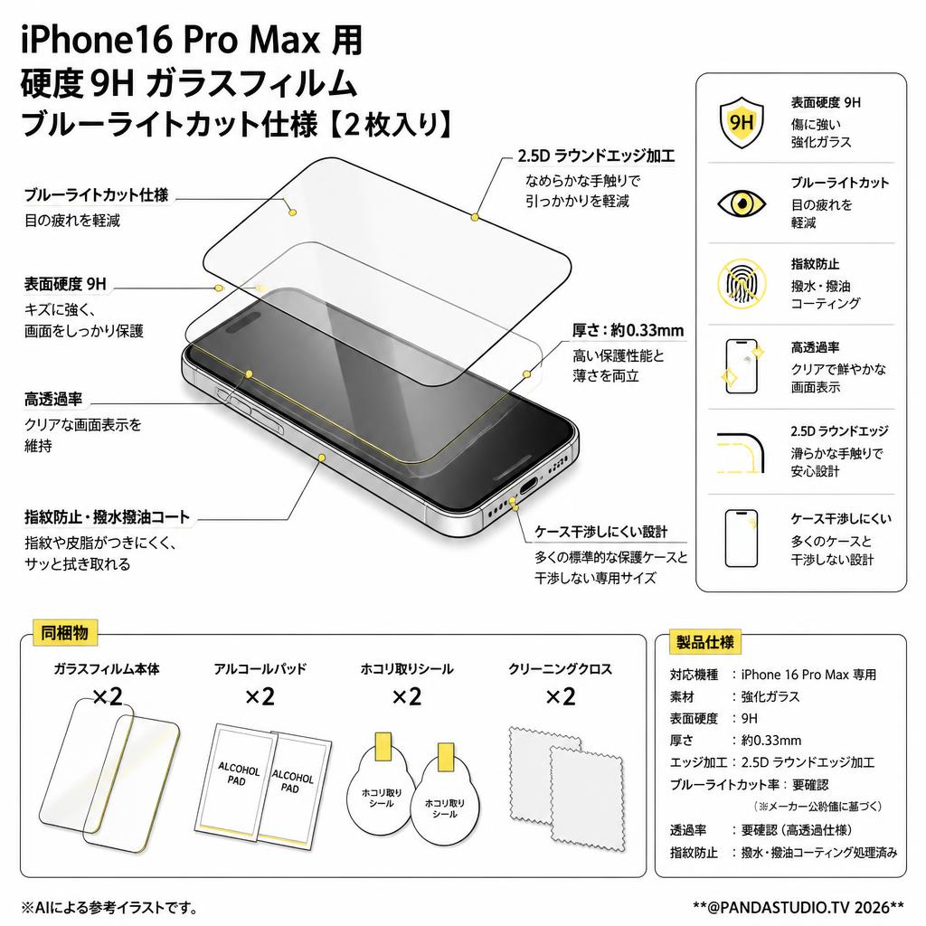 iPhone16 Pro Max 用 硬度9H ガラスフィルム ブルーライトカット仕様【【2枚入り】 スペック