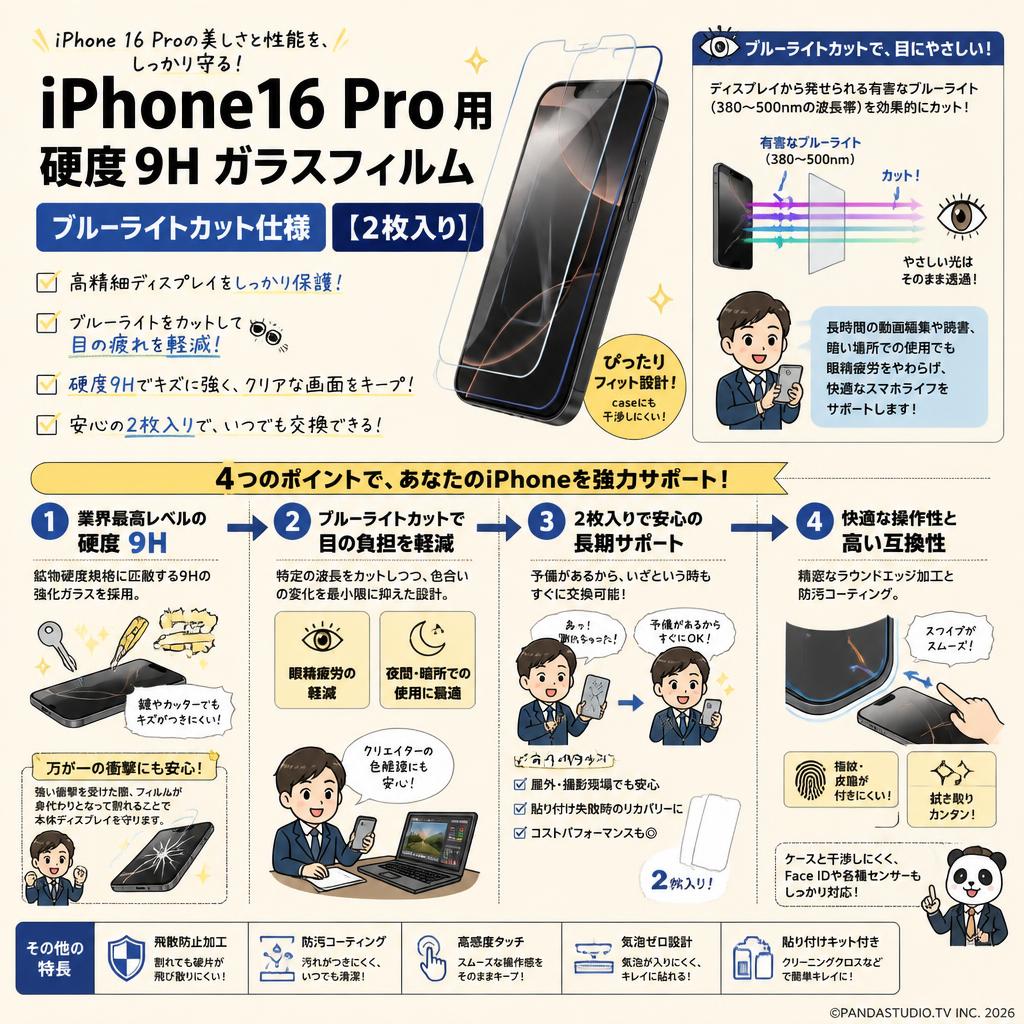 iPhone16 Pro 用 硬度9H ガラスフィルム ブルーライトカット仕様【【2枚入り】 概要