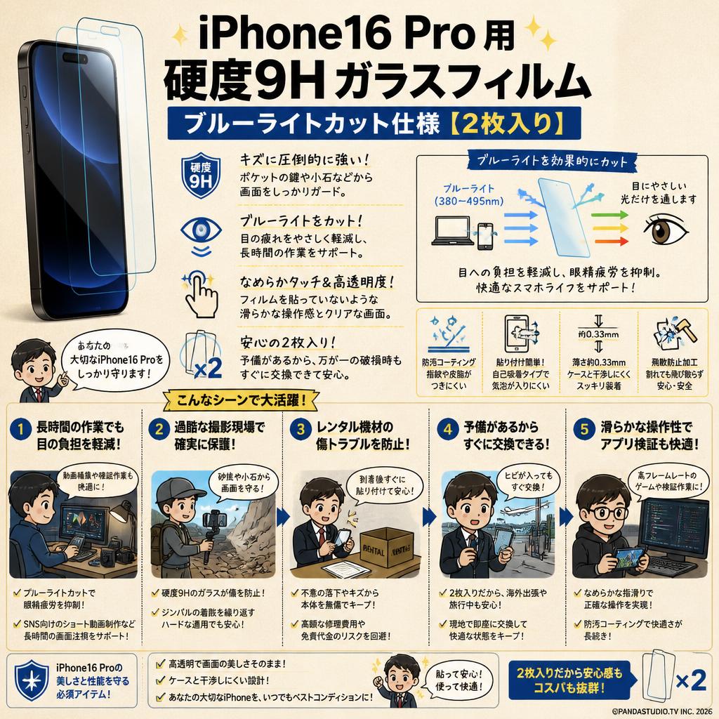 iPhone16 Pro 用 硬度9H ガラスフィルム ブルーライトカット仕様【【2枚入り】 用途