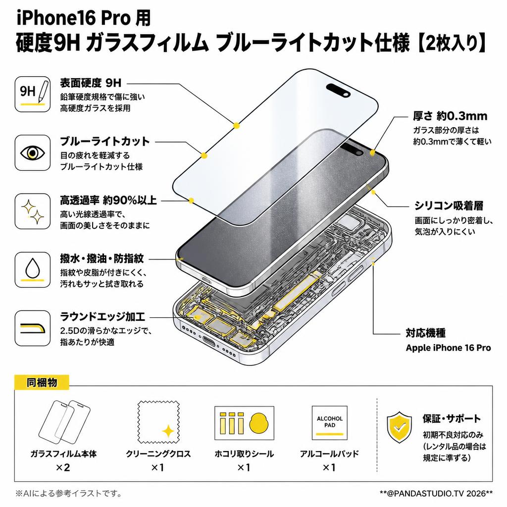 iPhone16 Pro 用 硬度9H ガラスフィルム ブルーライトカット仕様【【2枚入り】 スペック