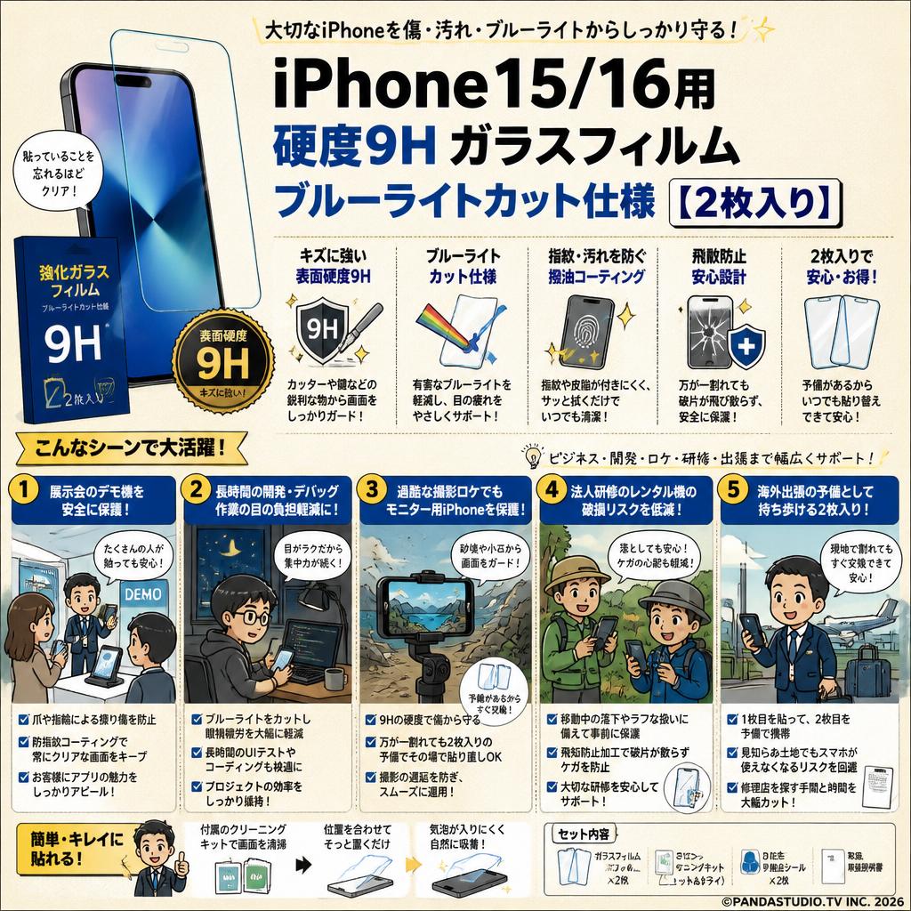 iPhone15/16用 硬度9H ガラスフィルム ブルーライトカット仕様【【2枚入り】 用途
